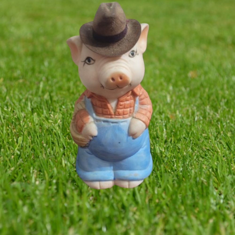 :Vintage Piggy Bank Farmer Pig Figurine Blue Overalls Ceramic 5”